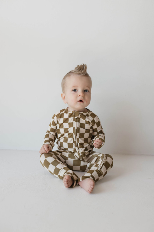 Bamboo Zip Pajamas  | Olive Checkerboard | Forever French
