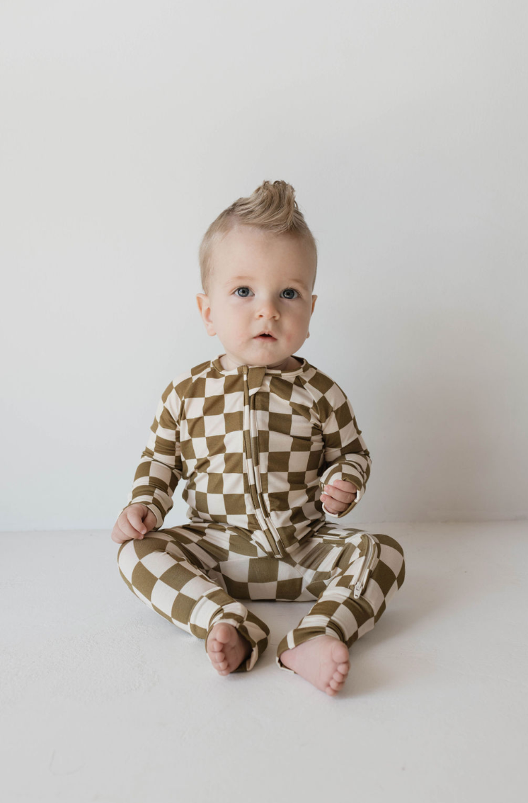 Bamboo Zip Pajamas  | Olive Checkerboard | Forever French