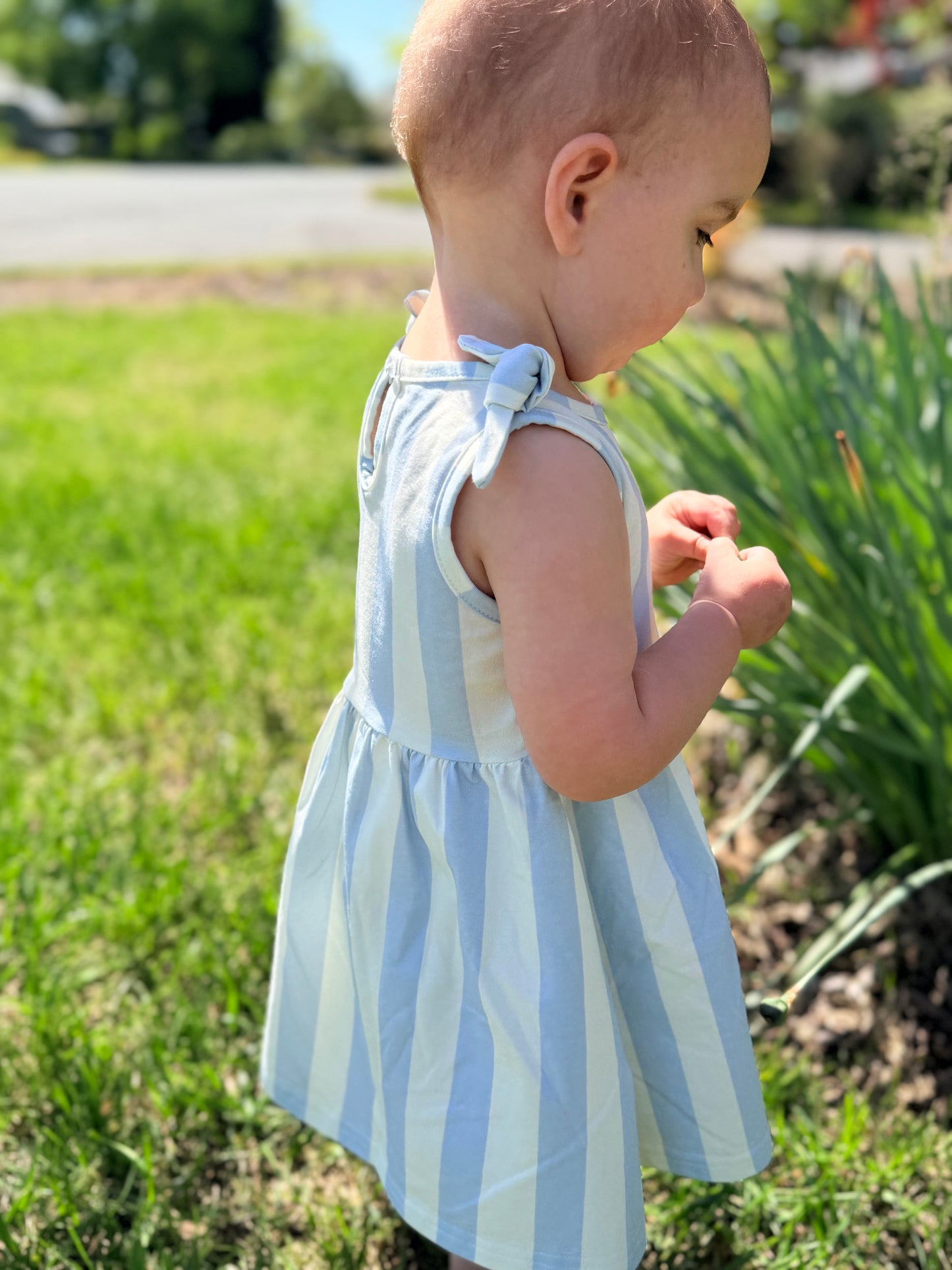 Sky Stripe Tie Shoulder Dress