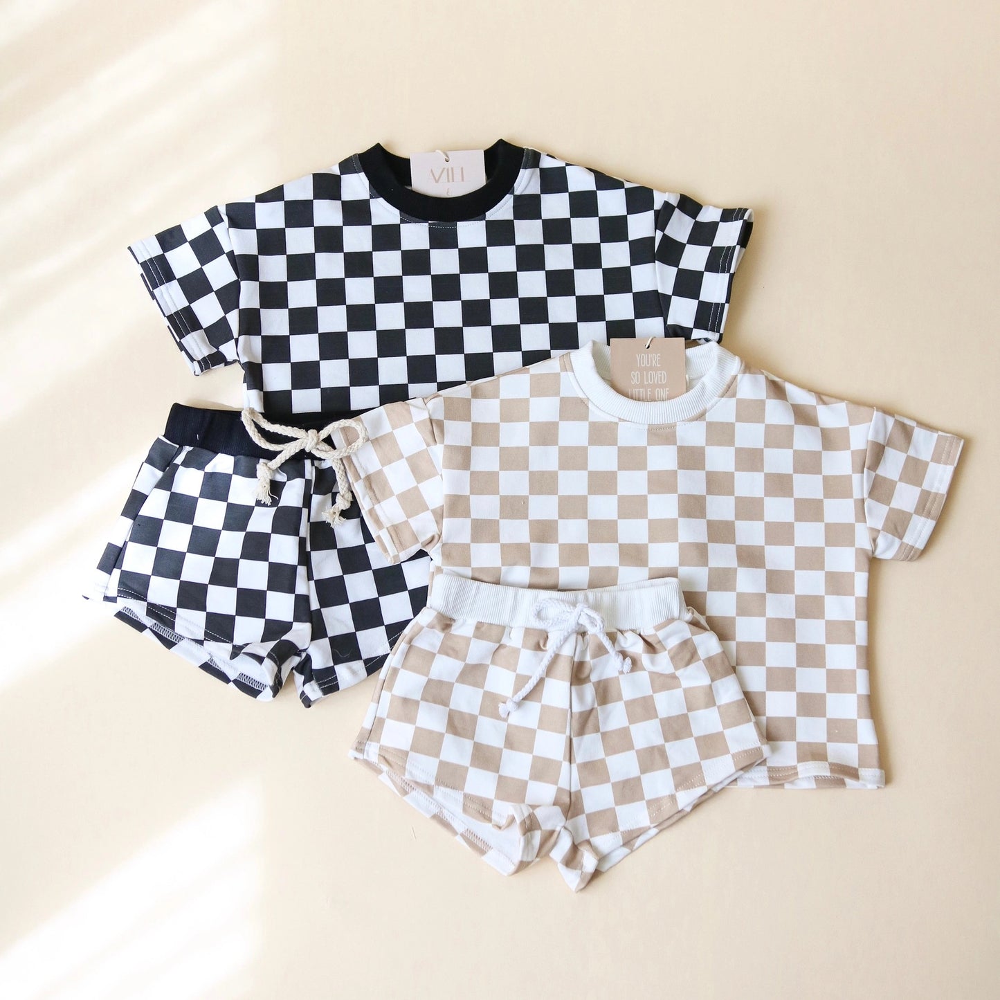 Tan Checker Short Set